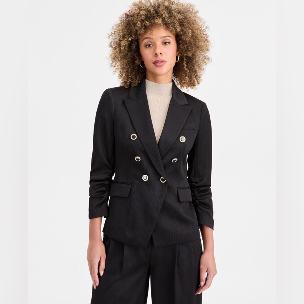 Tahari ASL Black Double-Breasted Blazer with Gold-Tone Grommet Buttons